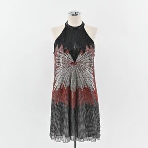 PARKER Dress‎ Sz M Silk Beaded Isla Firecracker Starburst Poinsettia Mini Halter